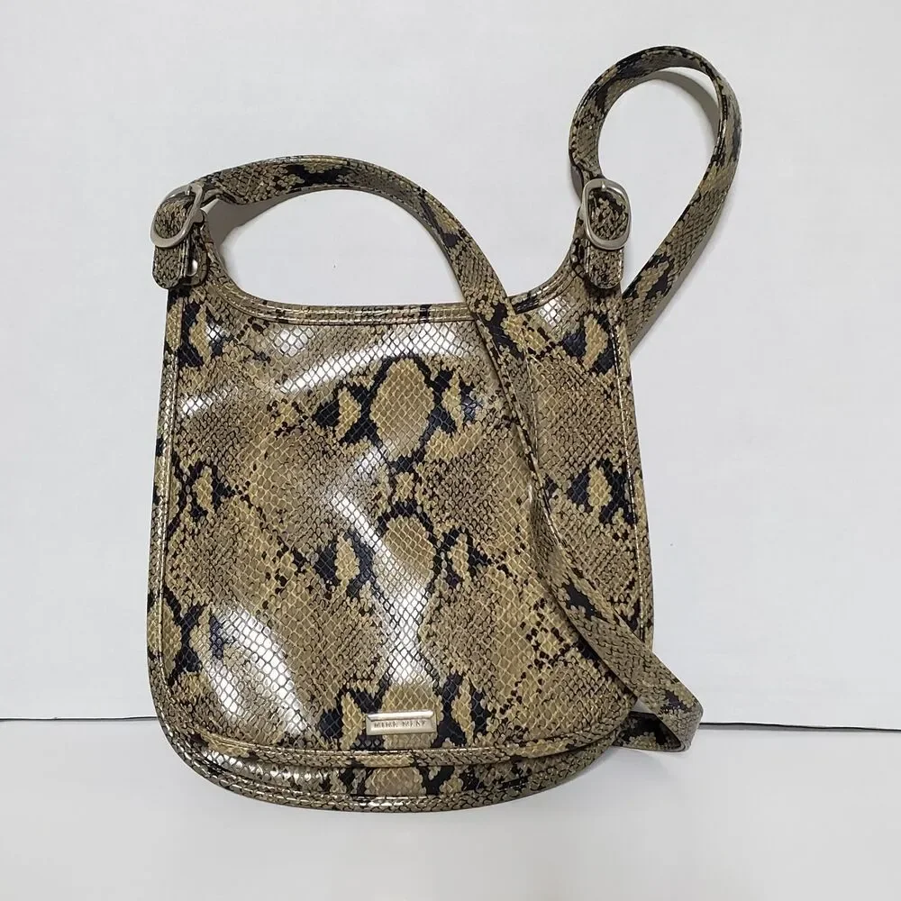 Nine West Faux Snakeskin Crossbody Handbag Flap Close Slouchy Chic Womens